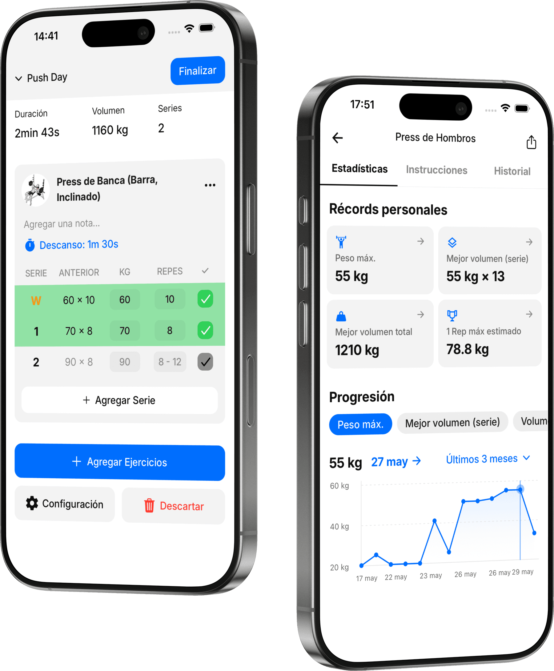 Capturas de la app repp. mostrando un entrenamiento en vivo y las estadísticas de un ejercicio
