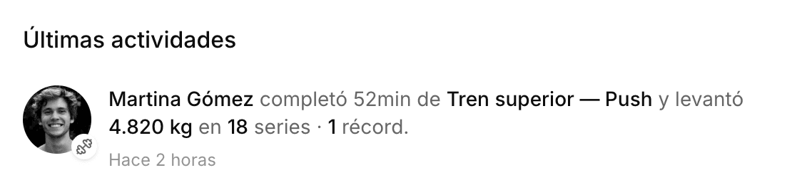 Última actividad de un cliente: entrenamiento completado con volumen y series