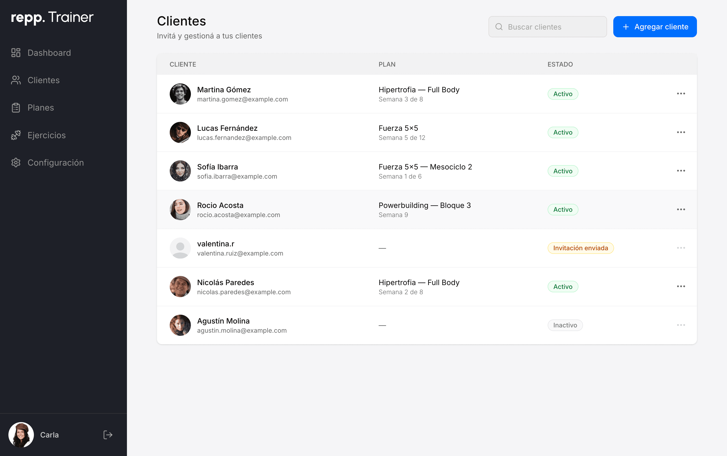 Tabla de clientes de Repp Trainer mostrando nombre, plan asignado y semana de progreso