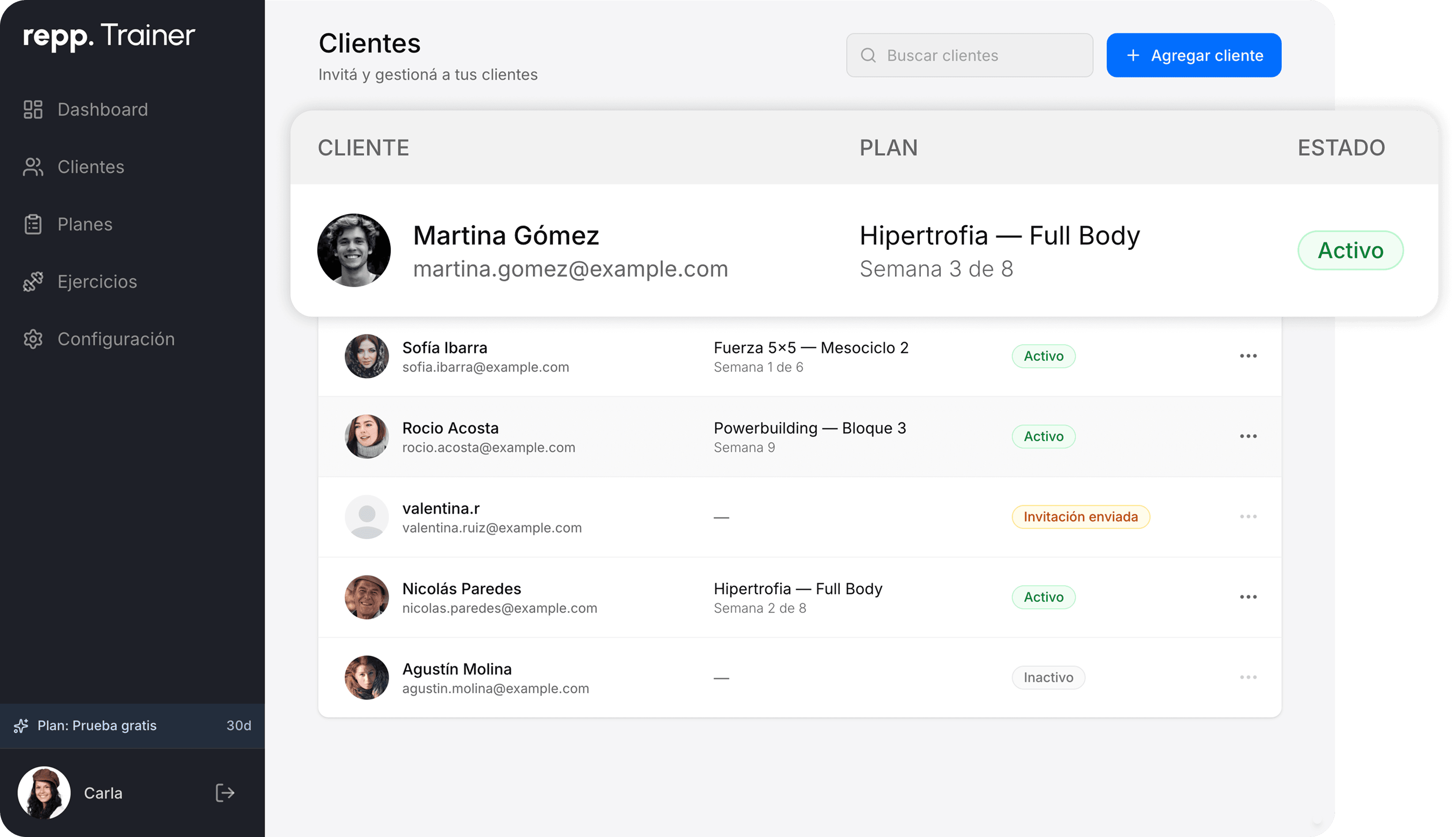 Tabla de clientes de Repp Trainer mostrando nombre, plan asignado y semana de progreso